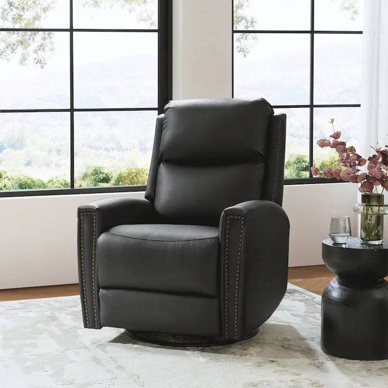Modern Genuine Leather Wingback Swivel Rocker Recliner with Nailhead Trim