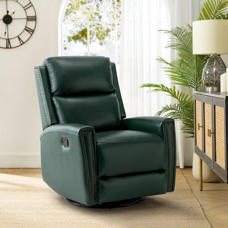 Modern Genuine Leather Wingback Swivel Rocker Recliner with Nailhead Trim