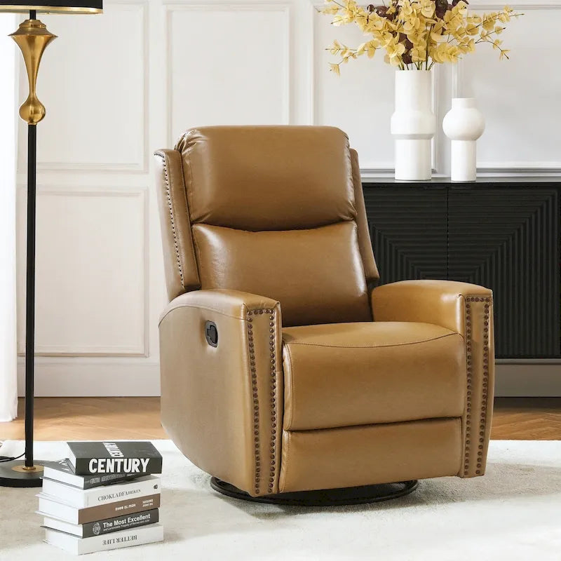 Modern Genuine Leather Wingback Swivel Rocker Recliner with Nailhead Trim