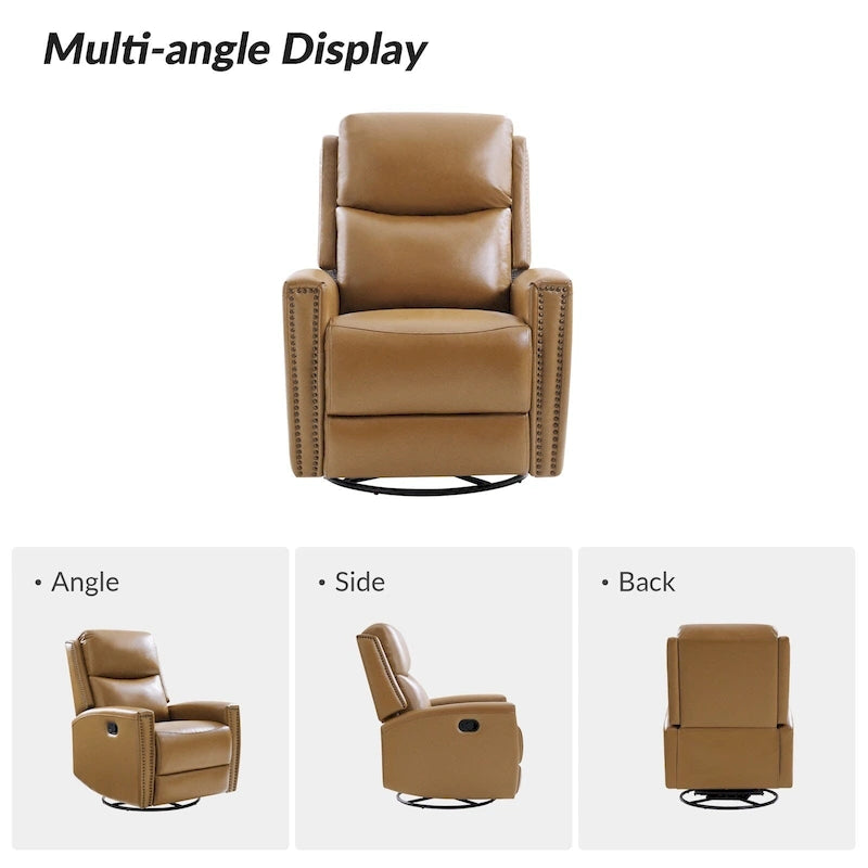 Modern Genuine Leather Wingback Swivel Rocker Recliner with Nailhead Trim