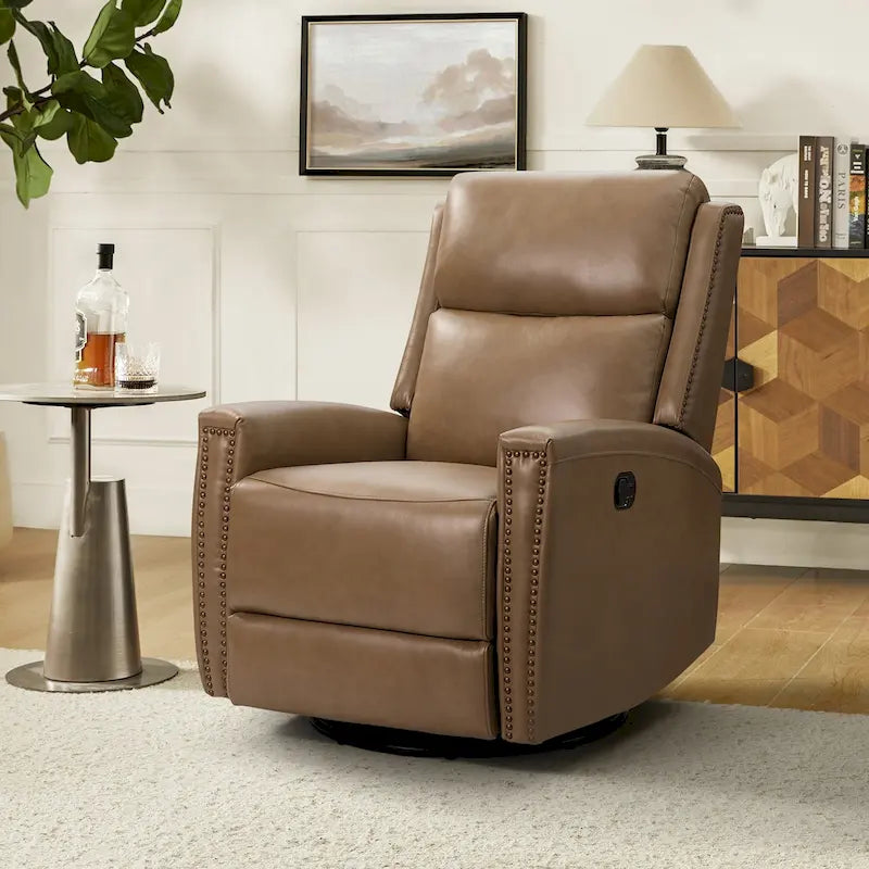 Modern Genuine Leather Wingback Swivel Rocker Recliner with Nailhead Trim