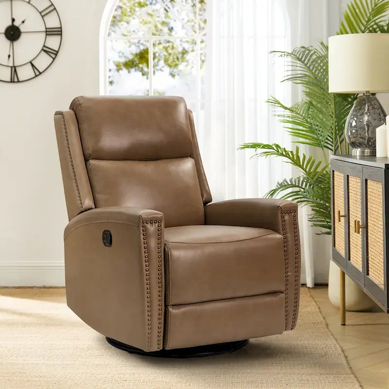Modern Genuine Leather Wingback Swivel Rocker Recliner with Nailhead Trim