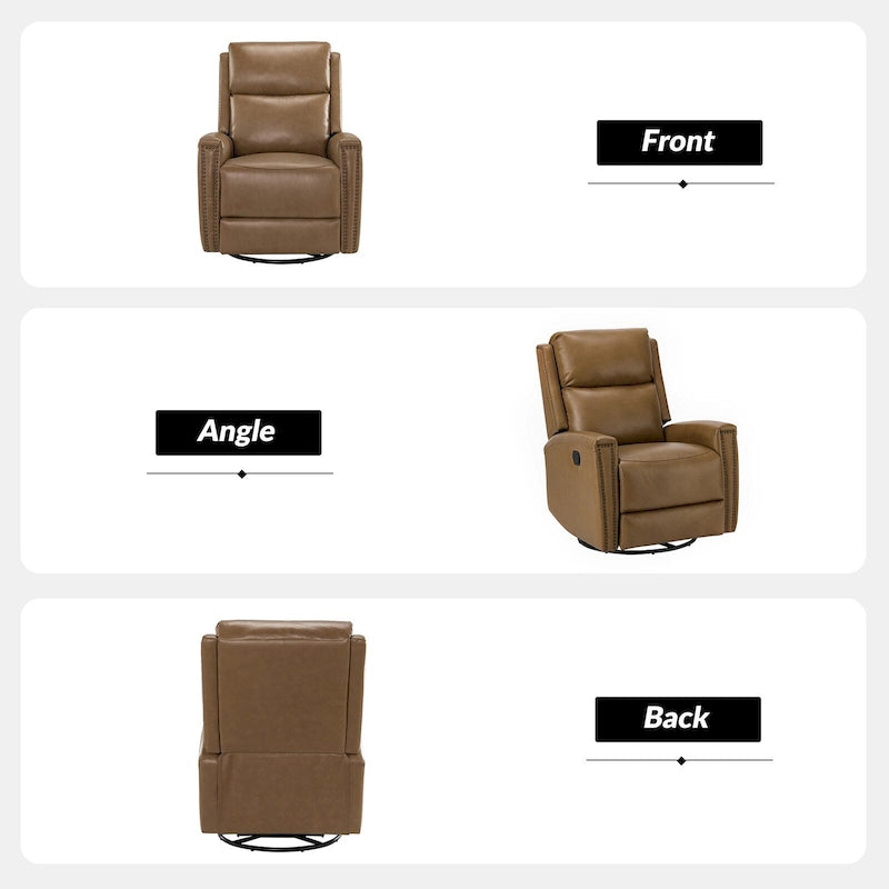Modern Genuine Leather Wingback Swivel Rocker Recliner with Nailhead Trim