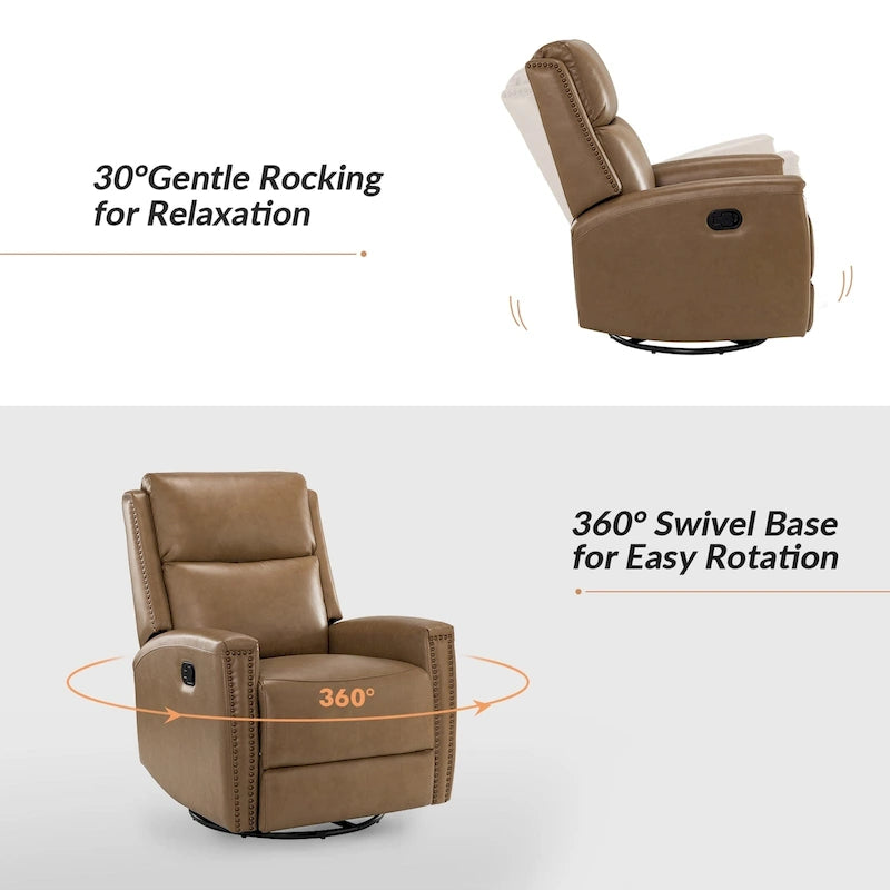 Modern Genuine Leather Wingback Swivel Rocker Recliner with Nailhead Trim