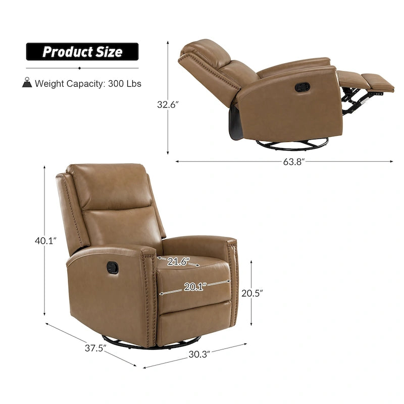 Modern Genuine Leather Wingback Swivel Rocker Recliner with Nailhead Trim