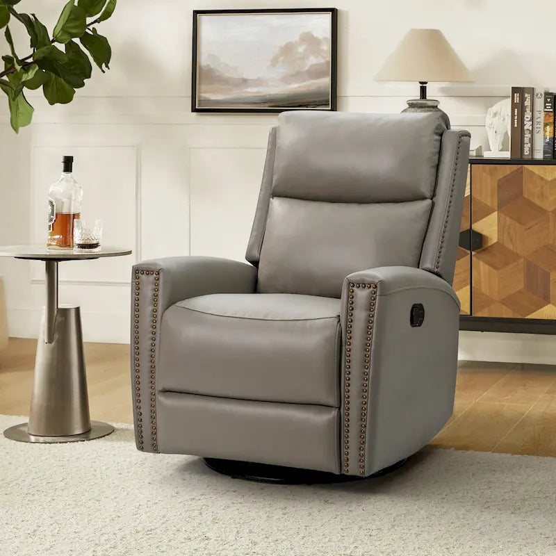 Modern Genuine Leather Wingback Swivel Rocker Recliner with Nailhead Trim