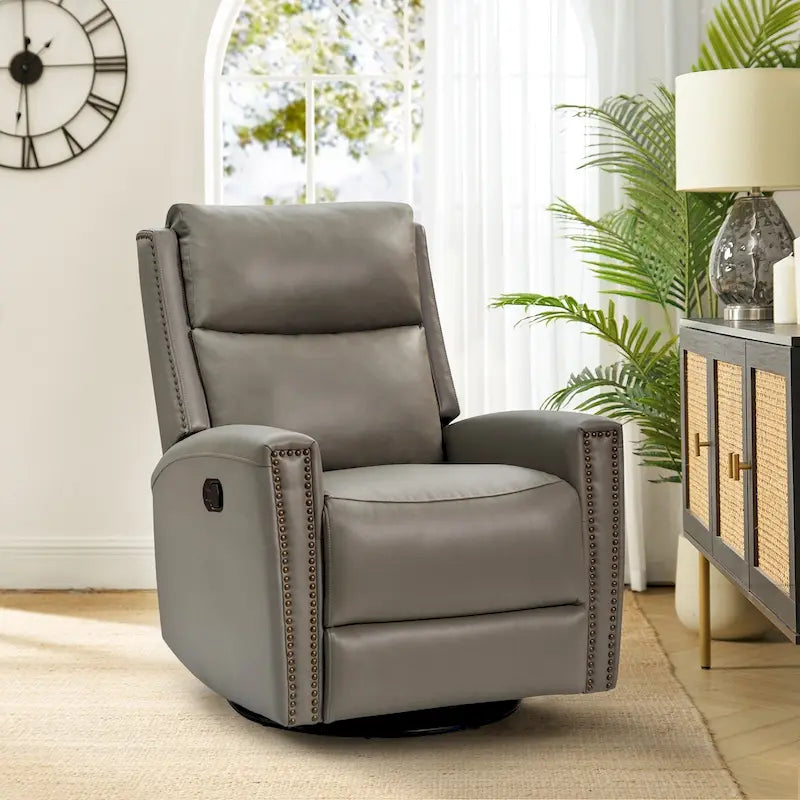 Modern Genuine Leather Wingback Swivel Rocker Recliner with Nailhead Trim