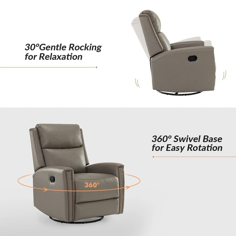 Modern Genuine Leather Wingback Swivel Rocker Recliner with Nailhead Trim