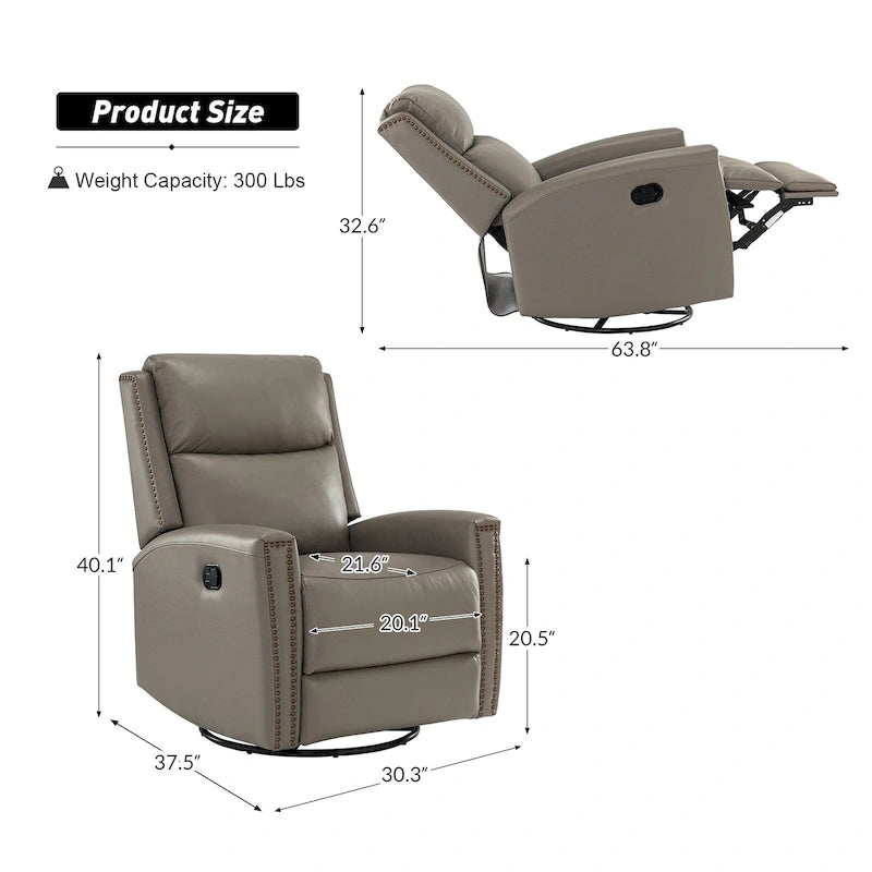 Modern Genuine Leather Wingback Swivel Rocker Recliner with Nailhead Trim