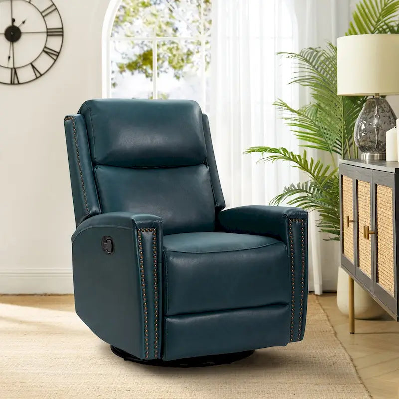 Modern Genuine Leather Wingback Swivel Rocker Recliner with Nailhead Trim