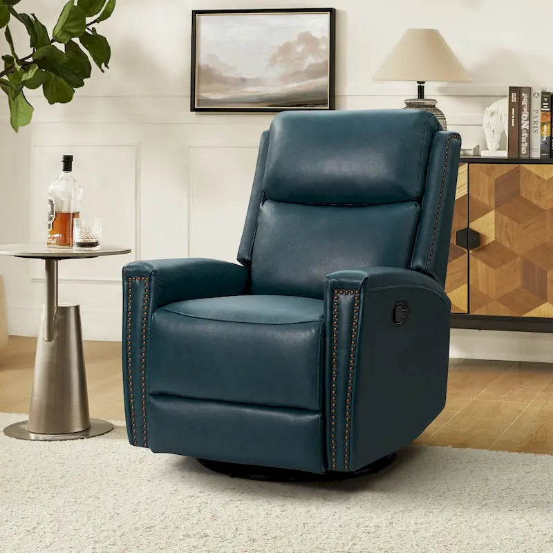 Modern Genuine Leather Wingback Swivel Rocker Recliner with Nailhead Trim