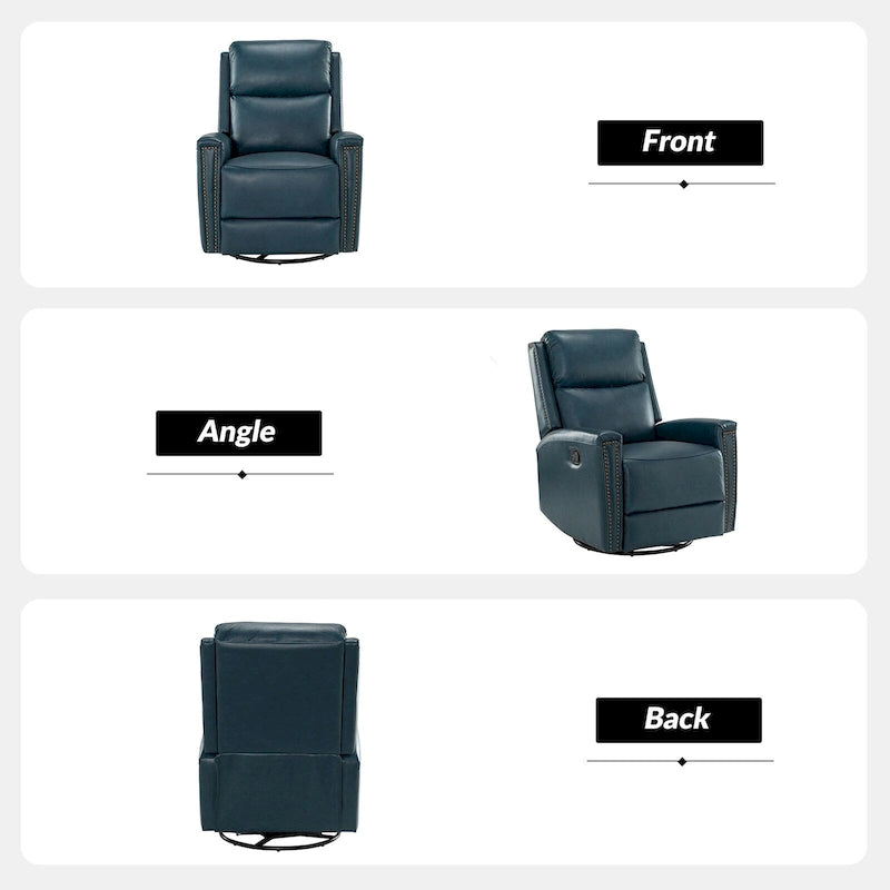 Modern Genuine Leather Wingback Swivel Rocker Recliner with Nailhead Trim