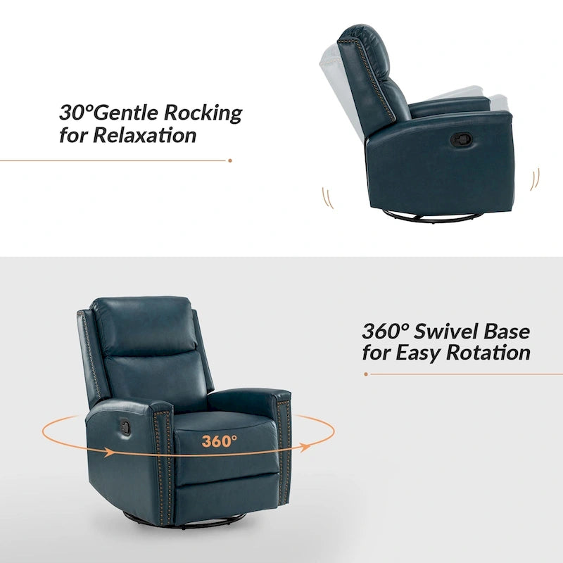 Modern Genuine Leather Wingback Swivel Rocker Recliner with Nailhead Trim