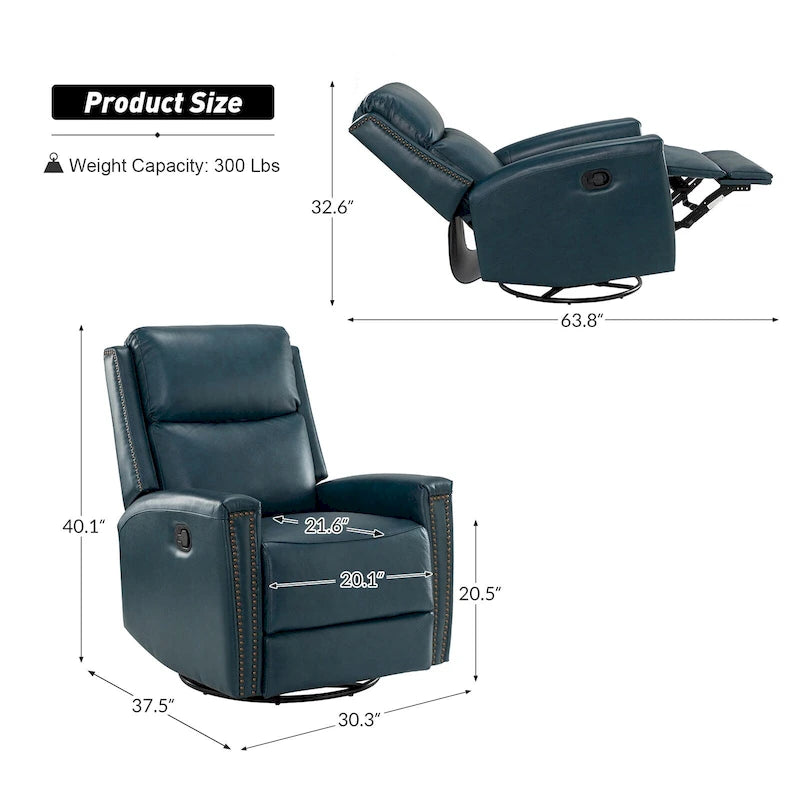 Modern Genuine Leather Wingback Swivel Rocker Recliner with Nailhead Trim