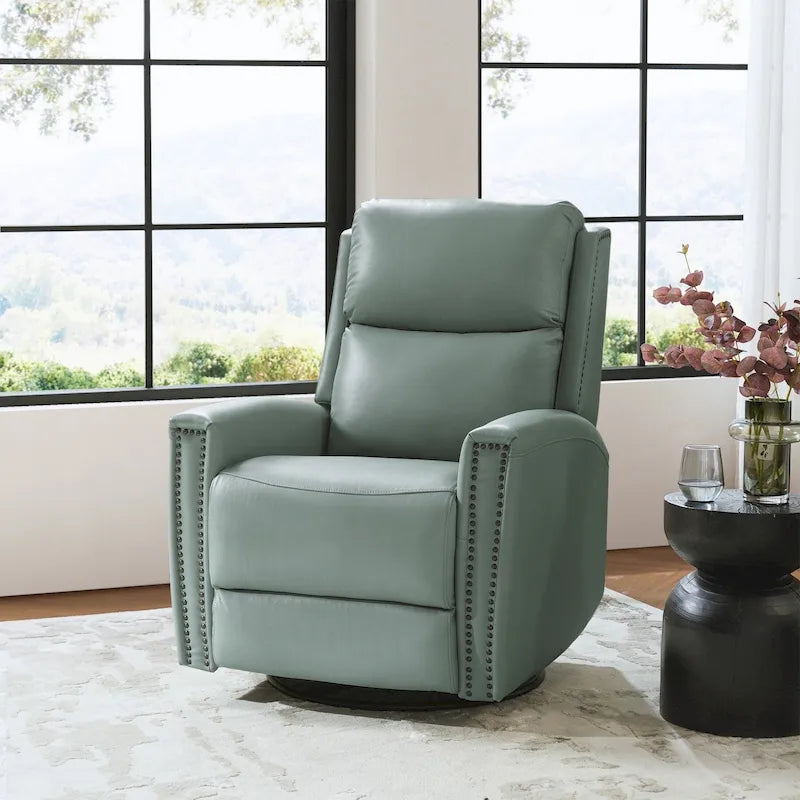 Modern Genuine Leather Wingback Swivel Rocker Recliner with Nailhead Trim