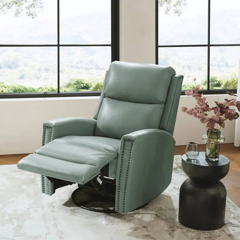 Modern Genuine Leather Wingback Swivel Rocker Recliner with Nailhead Trim