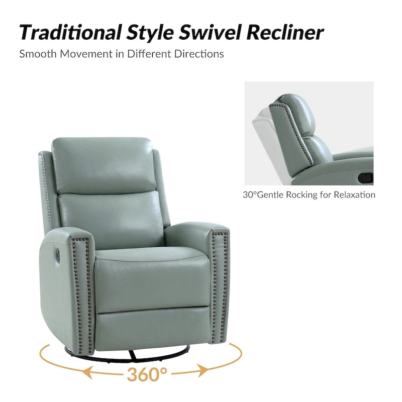 Modern Genuine Leather Wingback Swivel Rocker Recliner with Nailhead Trim