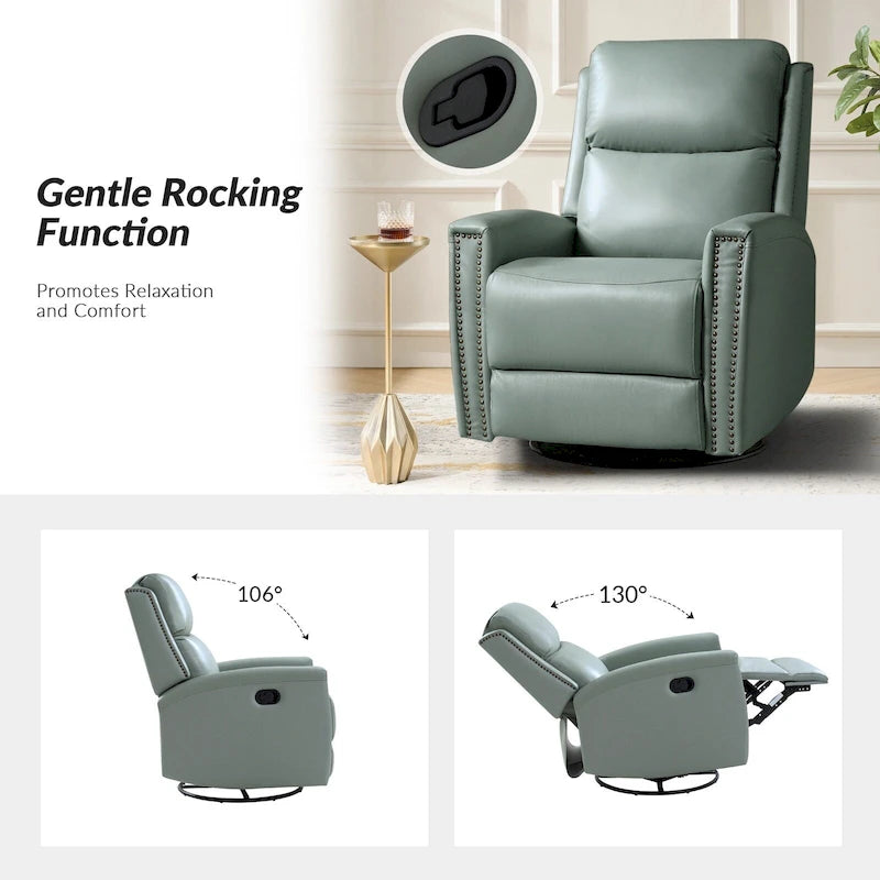 Modern Genuine Leather Wingback Swivel Rocker Recliner with Nailhead Trim