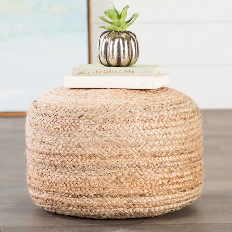 Round Braided Jute Pouf Ottoman with Textured Bohemian Natural Style