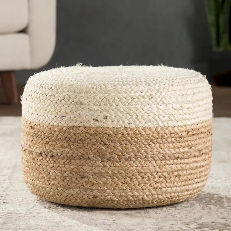 Round Braided Jute Pouf Ottoman with Textured Bohemian Natural Style