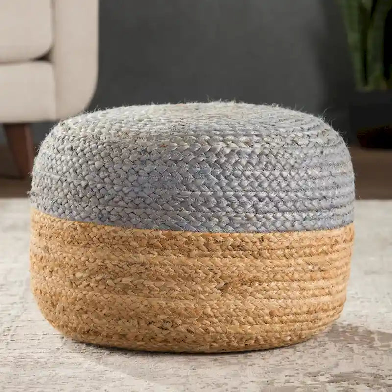 Round Braided Jute Pouf Ottoman with Textured Bohemian Natural Style