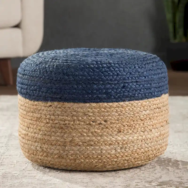 Round Braided Jute Pouf Ottoman with Textured Bohemian Natural Style