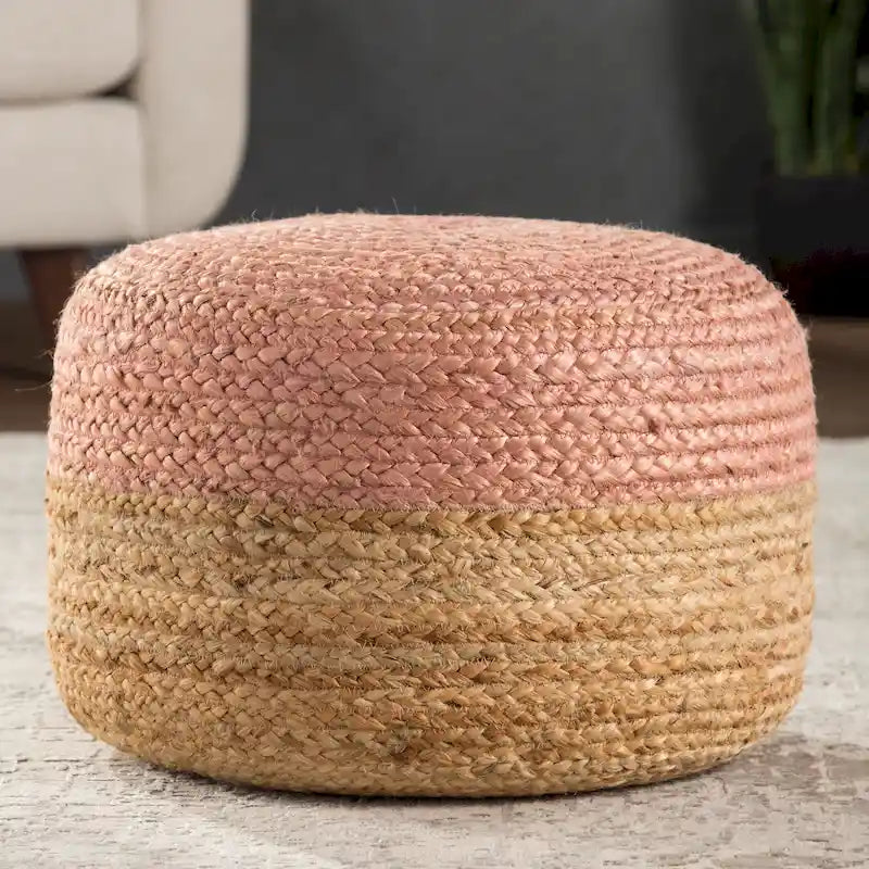 Round Braided Jute Pouf Ottoman with Textured Bohemian Natural Style