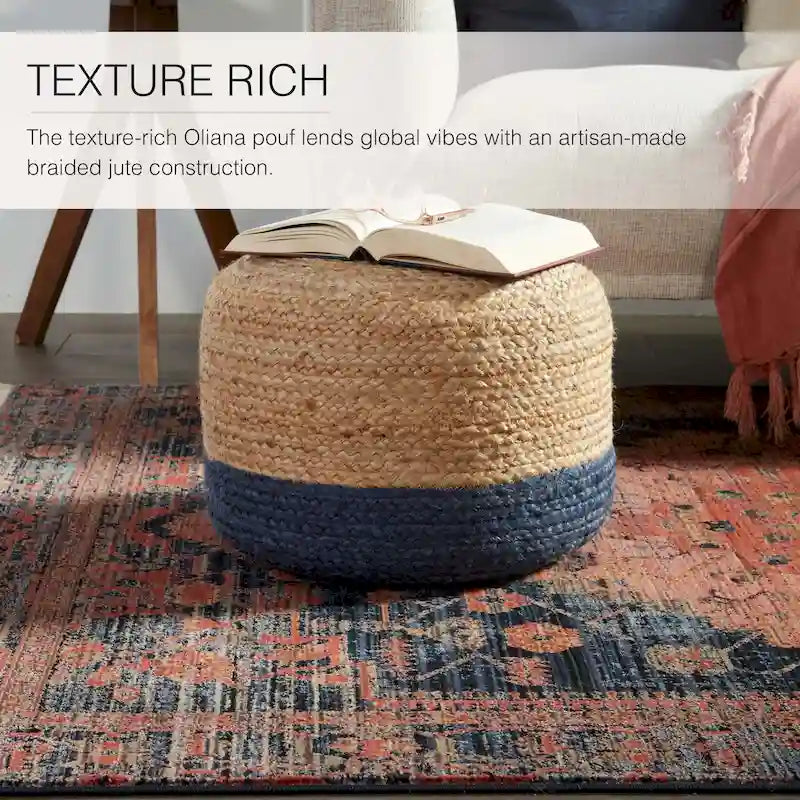 Round Braided Jute Pouf Ottoman with Textured Bohemian Natural Style