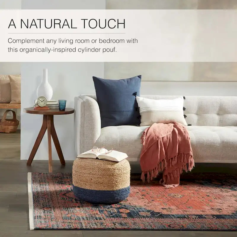 Round Braided Jute Pouf Ottoman with Textured Bohemian Natural Style