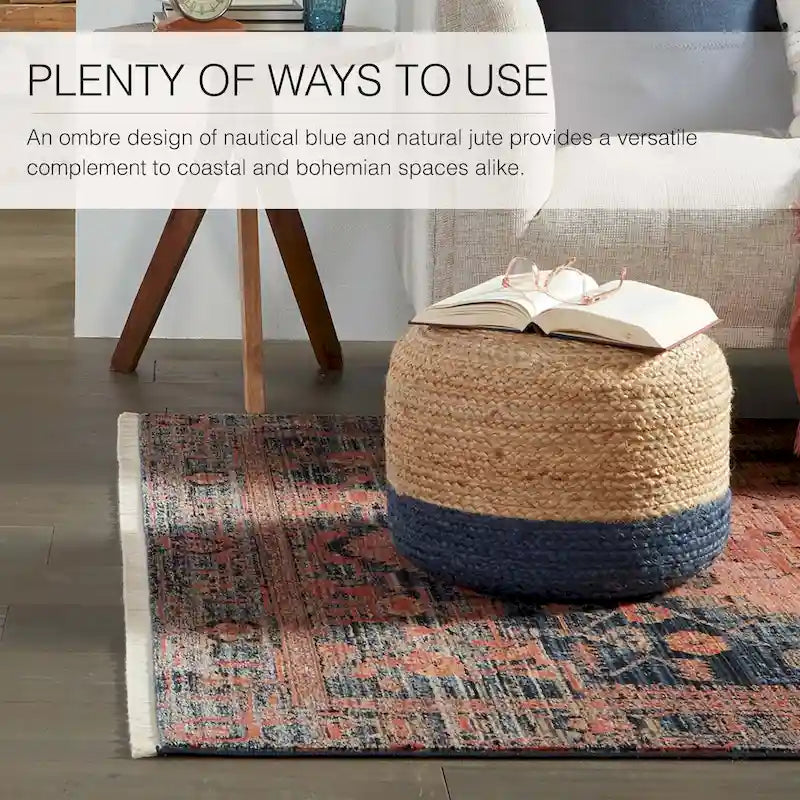Round Braided Jute Pouf Ottoman with Textured Bohemian Natural Style