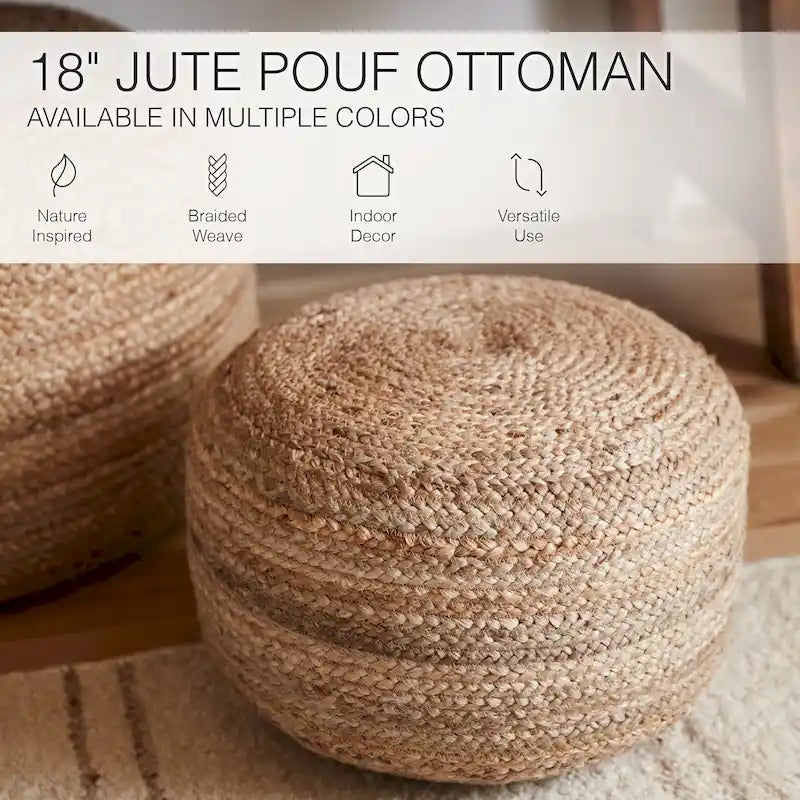 Round Braided Jute Pouf Ottoman with Textured Bohemian Natural Style