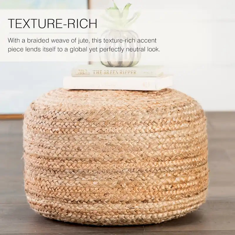 Round Braided Jute Pouf Ottoman with Textured Bohemian Natural Style
