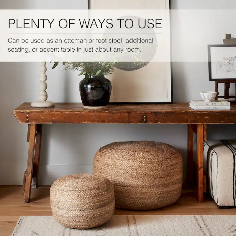 Round Braided Jute Pouf Ottoman with Textured Bohemian Natural Style