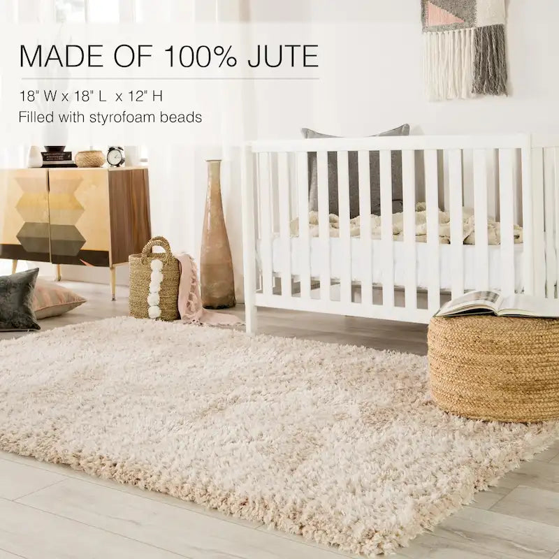Round Braided Jute Pouf Ottoman with Textured Bohemian Natural Style