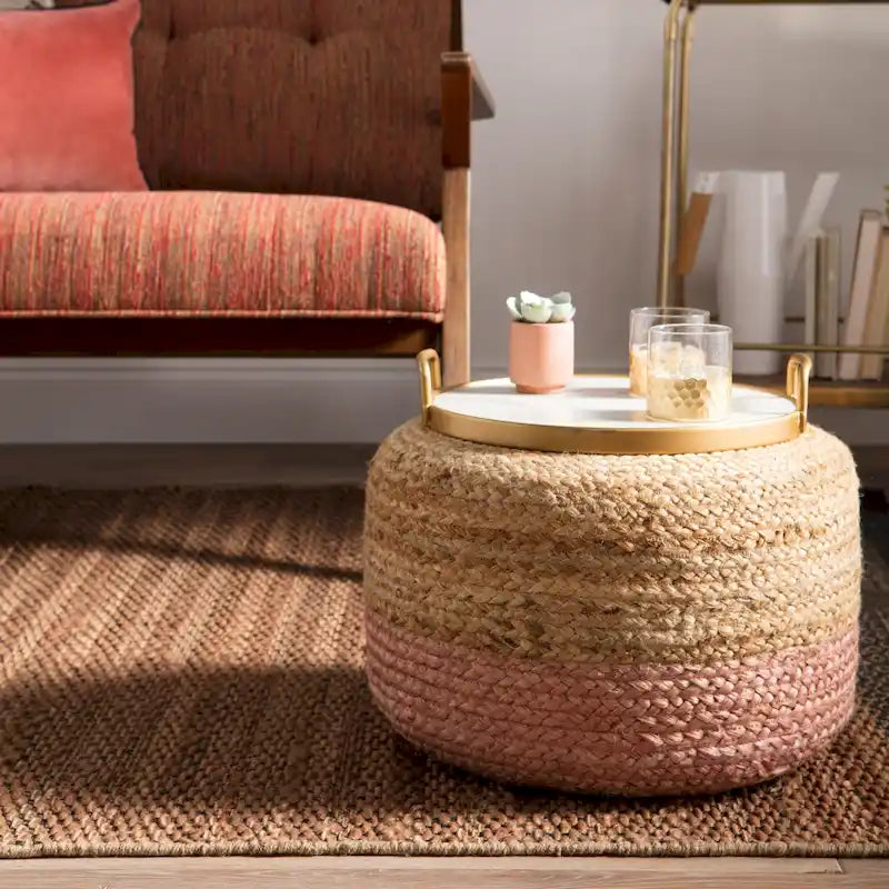 Round Braided Jute Pouf Ottoman with Textured Bohemian Natural Style