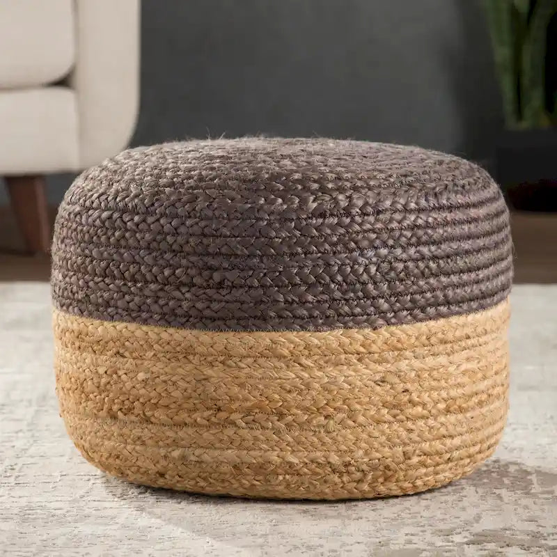 Round Braided Jute Pouf Ottoman with Textured Bohemian Natural Style