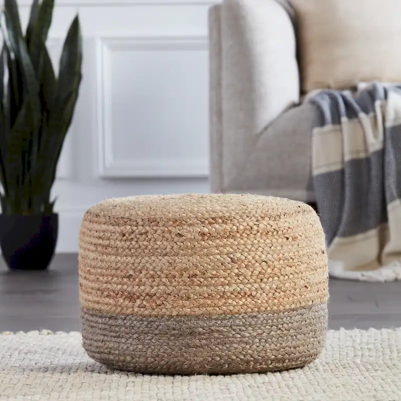 Round Braided Jute Pouf Ottoman with Textured Bohemian Natural Style