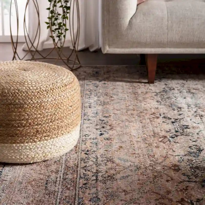 Round Braided Jute Pouf Ottoman with Textured Bohemian Natural Style