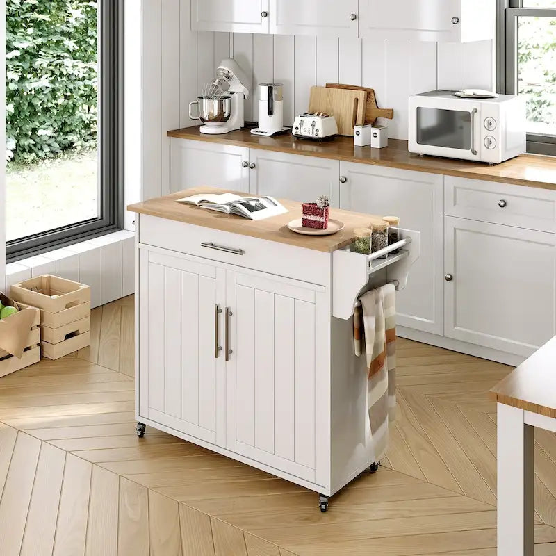 Classic Rolling Kitchen Island with Rubberwood Top and Storage Cabinet