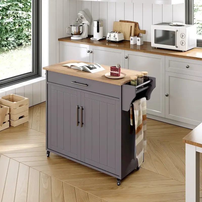 Classic Rolling Kitchen Island with Rubberwood Top and Storage Cabinet