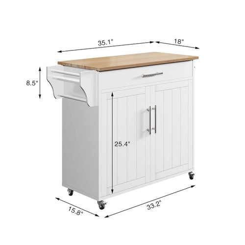 Classic Rolling Kitchen Island with Rubberwood Top and Storage Cabinet