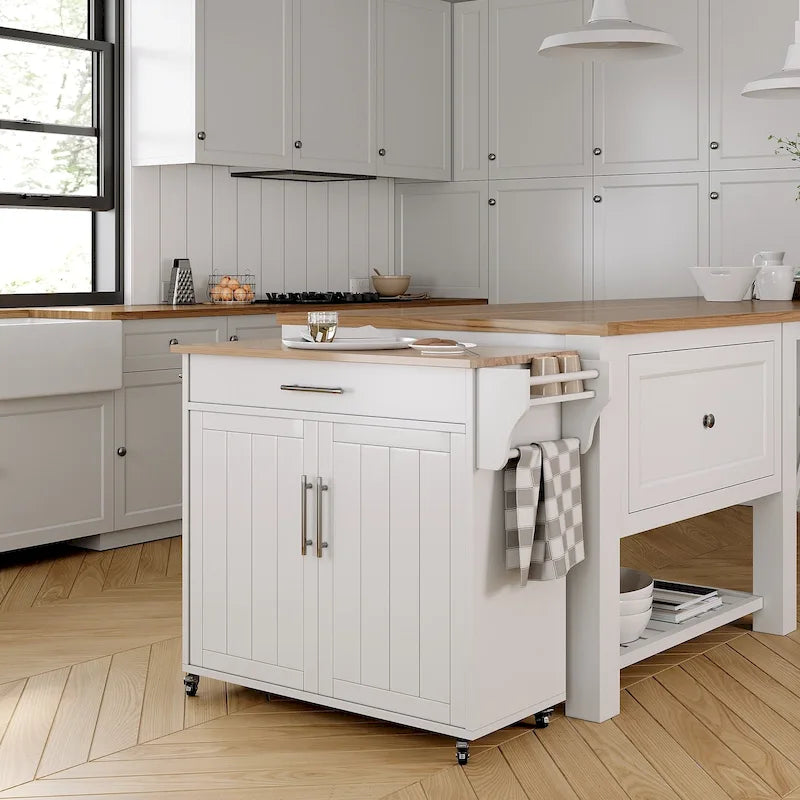 Îlot de cuisine roulant classique avec plateau en bois d'hévéa et armoire de rangement