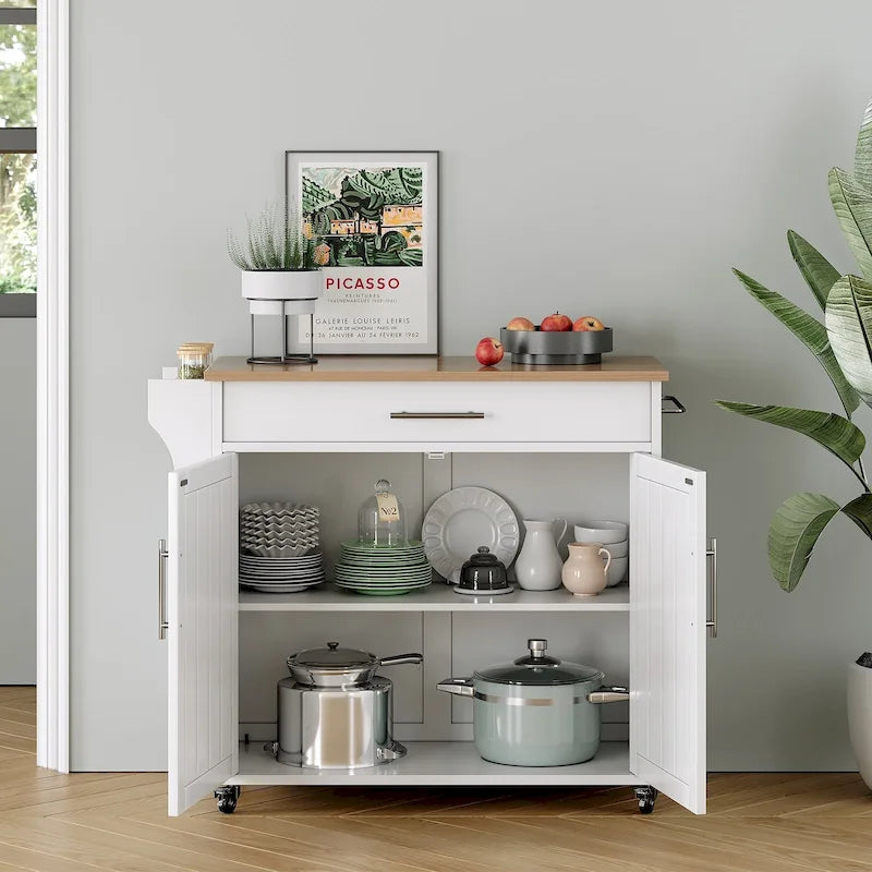 Classic Rolling Kitchen Island with Rubberwood Top and Storage Cabinet