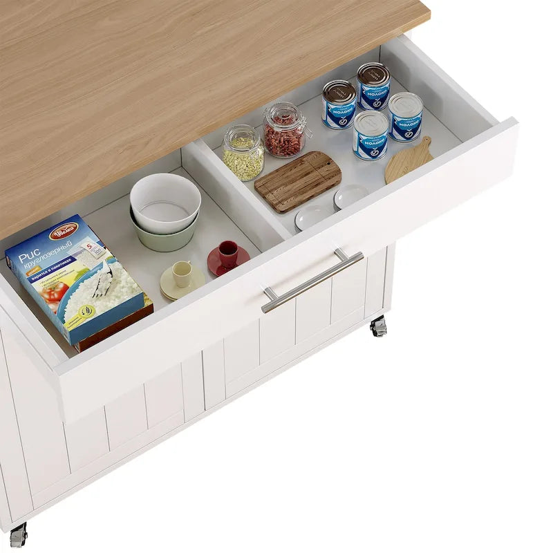 Îlot de cuisine roulant classique avec plateau en bois d'hévéa et armoire de rangement