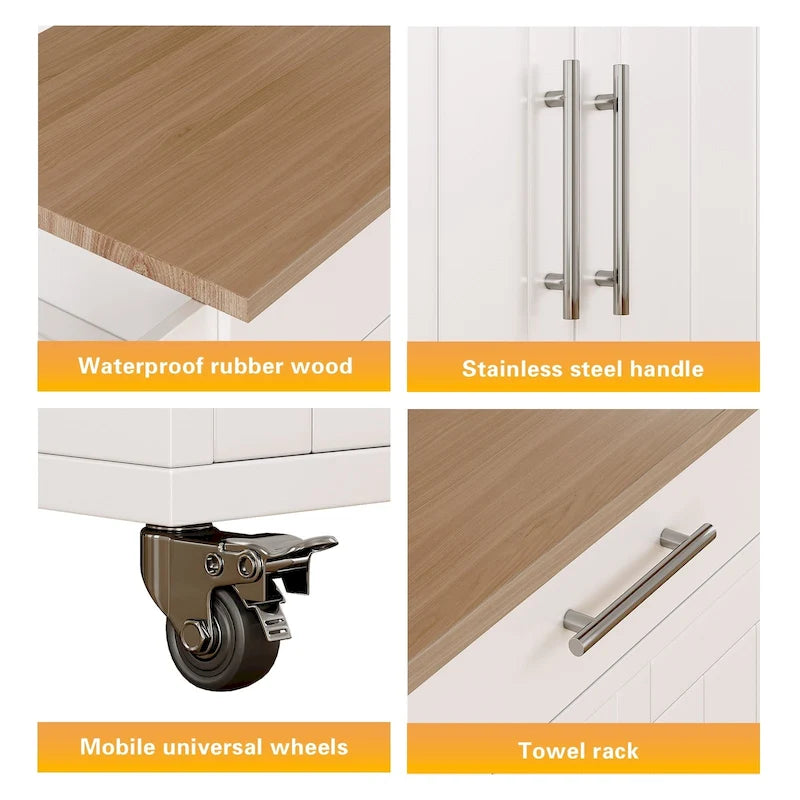 Îlot de cuisine roulant classique avec plateau en bois d'hévéa et armoire de rangement