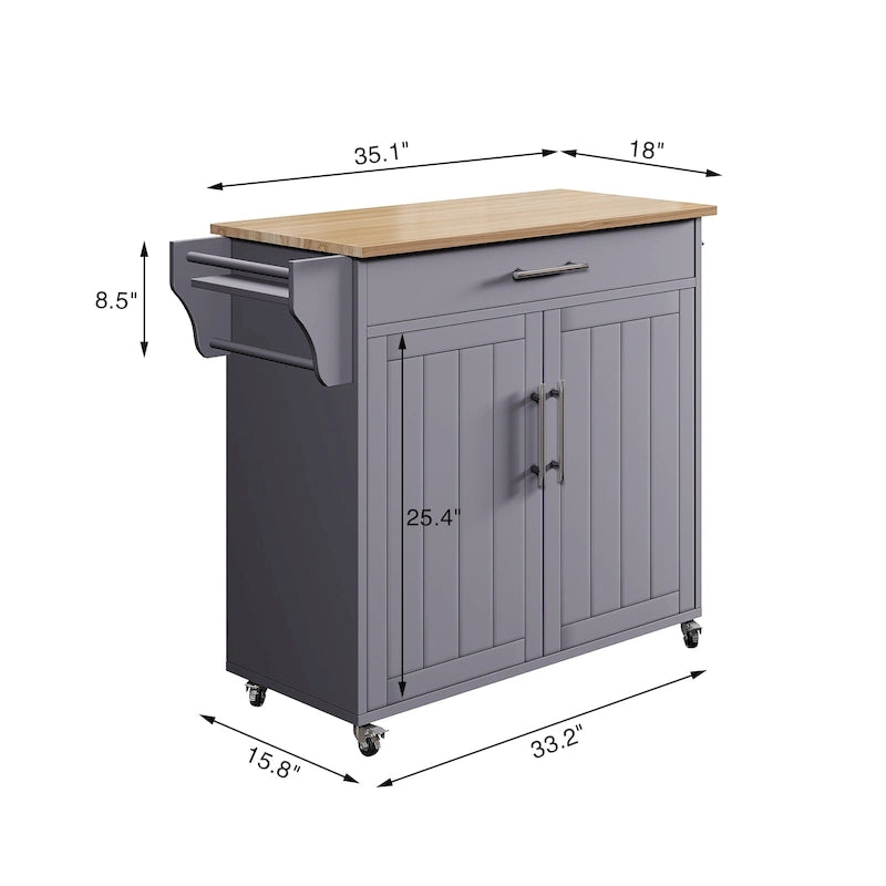 Îlot de cuisine roulant classique avec plateau en bois d'hévéa et armoire de rangement