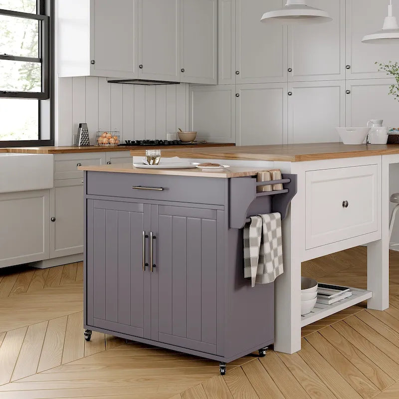 Îlot de cuisine roulant classique avec plateau en bois d'hévéa et armoire de rangement