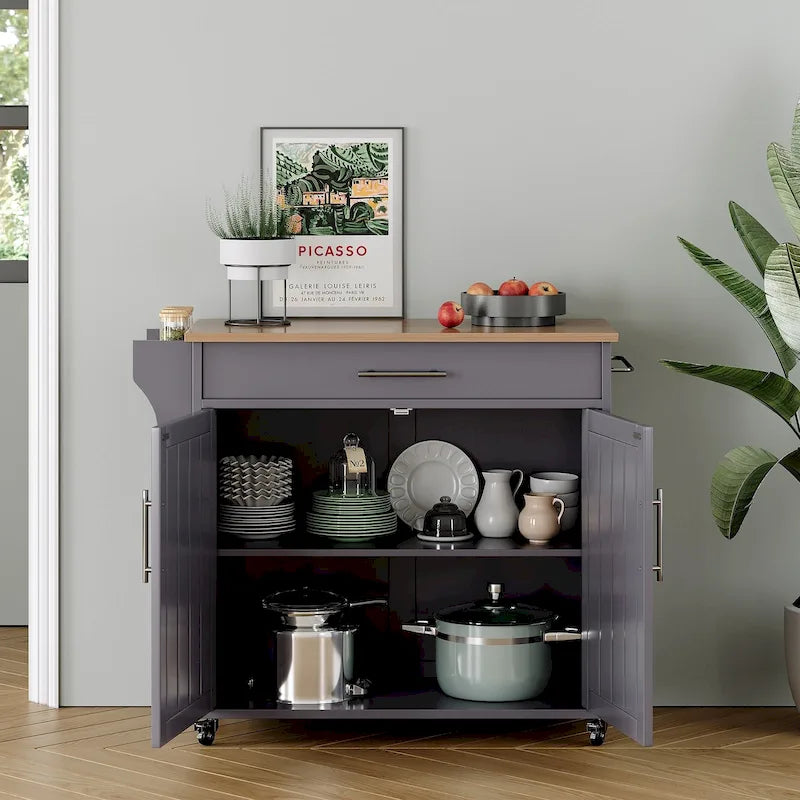 Îlot de cuisine roulant classique avec plateau en bois d'hévéa et armoire de rangement