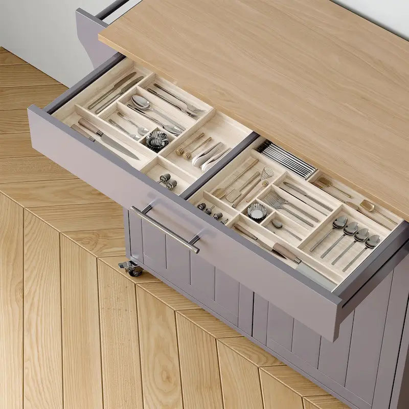 Îlot de cuisine roulant classique avec plateau en bois d'hévéa et armoire de rangement