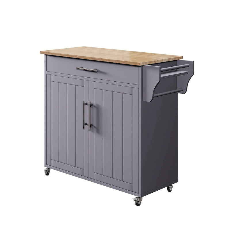 Îlot de cuisine roulant classique avec plateau en bois d'hévéa et armoire de rangement